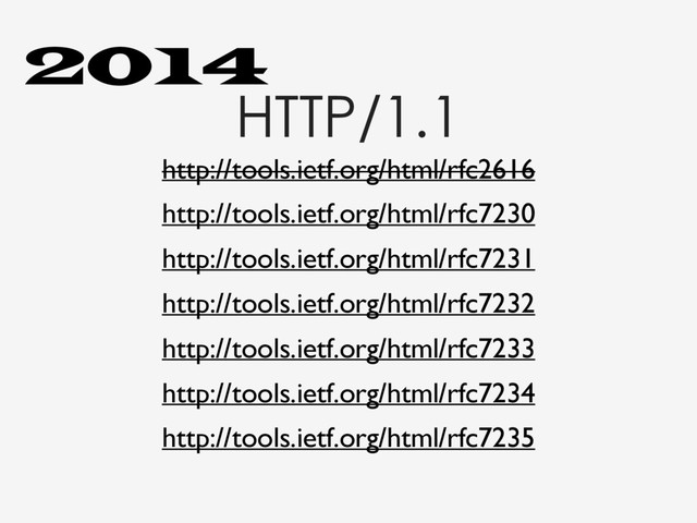 HTTP/1.1
http://tools.ietf.org/html/rfc2616
http://tools.ietf.org/html/rfc7230
http://tools.ietf.org/html/rfc7231
http://tools.ietf.org/html/rfc7232
http://tools.ietf.org/html/rfc7235
http://tools.ietf.org/html/rfc7234
http://tools.ietf.org/html/rfc7233
2014

