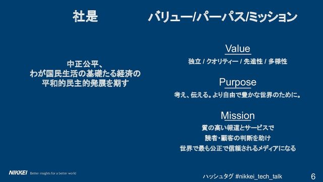 ハッシュタグ #nikkei_tech_talk
社是
6
バリュー/パーパス/ミッション
Value
独立 / クオリティー / 先進性 / 多様性
Purpose
考え、伝える。より自由で豊かな世界のために。
Mission
質の高い報道とサービスで
読者・顧客の判断を助け
世界で最も公正で信頼されるメディアになる
中正公平、
わが国民生活の基礎たる経済の
平和的民主的発展を期す
