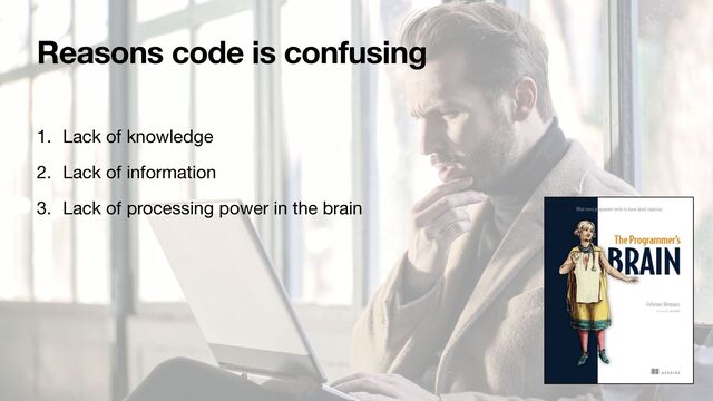 Reasons code is confusing
1. Lack of knowledge

2. Lack of information

3. Lack of processing power in the brain

