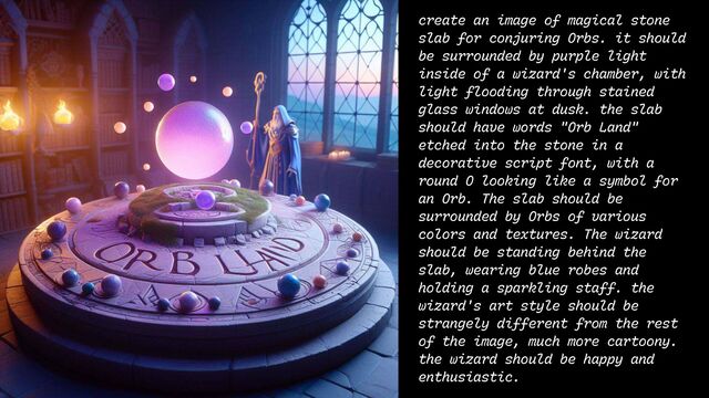create an image of magical stone
slab for conjuring Orbs. it should
be surrounded by purple light
inside of a wizard's chamber, with
light flooding through stained
glass windows at dusk. the slab
should have words "Orb Land"
etched into the stone in a
decorative script font, with a
round O looking like a symbol for
an Orb. The slab should be
surrounded by Orbs of various
colors and textures. The wizard
should be standing behind the
slab, wearing blue robes and
holding a sparkling staff. the
wizard's art style should be
strangely different from the rest
of the image, much more cartoony.
the wizard should be happy and
enthusiastic.

