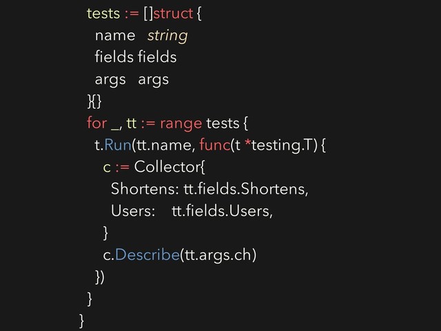 tests := []struct {
name string
ﬁelds ﬁelds
args args
}{}
for _, tt := range tests {
t.Run(tt.name, func(t *testing.T) {
c := Collector{
Shortens: tt.ﬁelds.Shortens,
Users: tt.ﬁelds.Users,
}
c.Describe(tt.args.ch)
})
}
}
