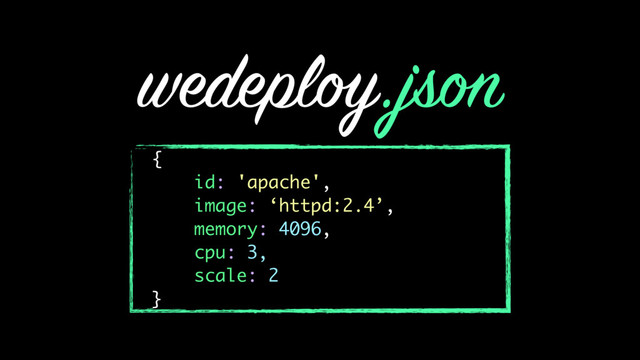 wedeploy.json
{
id: 'apache',
image: ‘httpd:2.4’,
memory: 4096,
cpu: 3,
scale: 2
}
