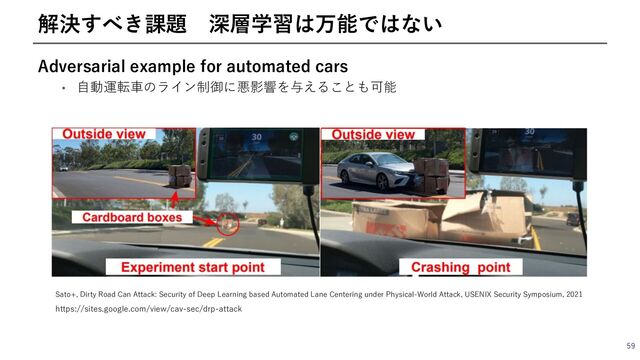Adversarial example for automated cars
• ⾃動運転⾞のライン制御に悪影響を与えることも可能
59
解決すべき課題 深層学習は万能ではない
https://sites.google.com/view/cav-sec/drp-attack
Sato+, Dirty Road Can Attack: Security of Deep Learning based Automated Lane Centering under Physical-World Attack, USENIX Security Symposium, 2021
