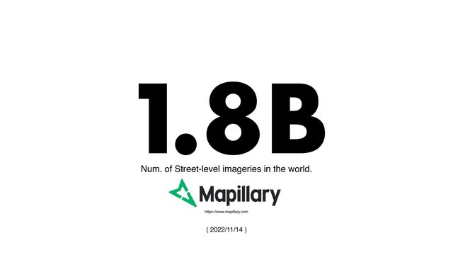 1.8B
Num. of Street-level imageries in the world.
https://www.mapillary.com
( 2022/11/14 )
