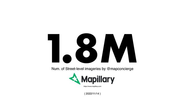 1.8M
Num. of Street-level imageries by @mapconcierge
https://www.mapillary.com
( 2022/11/14 )
