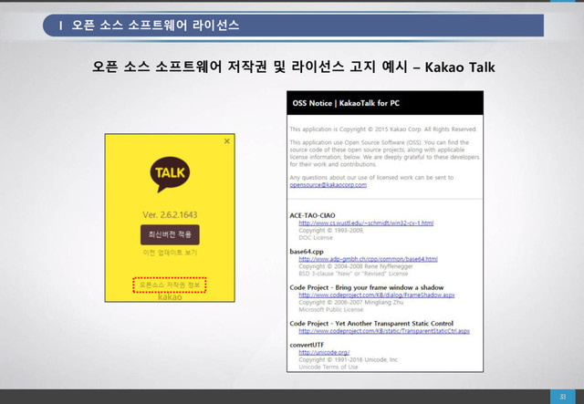 오픈 소스 소프트웨어 저작권 및 라이선스 고지 예시 – Kakao Talk
I 오픈 소스 소프트웨어 라이선스
