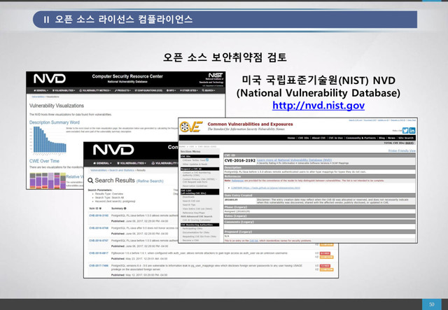 미국 국립표준기술원(NIST) NVD
(National Vulnerability Database)
http://nvd.nist.gov
II 오픈 소스 라이선스 컴플라이언스
오픈 소스 보안취약점 검토

