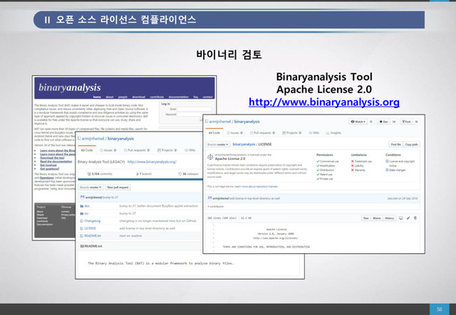 바이너리 검토
Binaryanalysis Tool
Apache License 2.0
http://www.binaryanalysis.org
II 오픈 소스 라이선스 컴플라이언스
