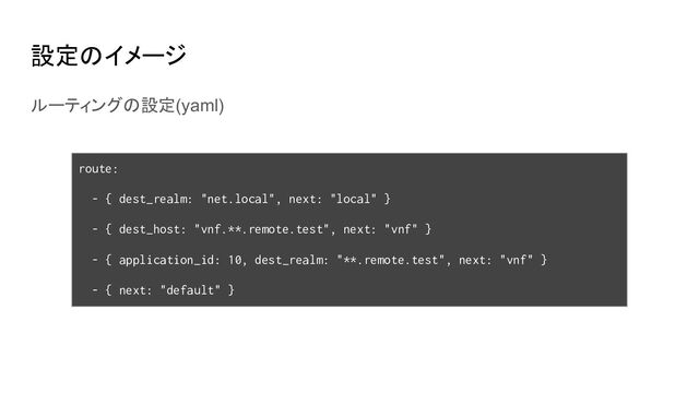 ルーティングの設定(yaml)
route:
- { dest_realm: "net.local", next: "local" }
- { dest_host: "vnf.**.remote.test", next: "vnf" }
- { application_id: 10, dest_realm: "**.remote.test", next: "vnf" }
- { next: "default" }
設定のイメージ
