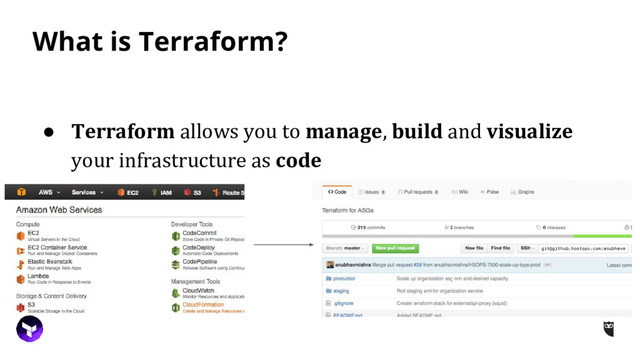 What is Terraform?
● Terraform allows you to manage, build and visualize
your infrastructure as code
