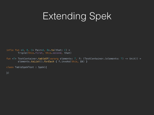 Extending Spek
infix fun <a> Pair</a><a>.to(that: C) = 
Triple(this.first, this.second, that) 
 
fun  TestContainer.tableOf(vararg elements: T, f: (TestContainer.(elements: T) -> Unit)) = 
elements.toList().forEach { f.invoke(this, it) } 
 
class TableSpekTest : Spek({ 
 
})
</a>