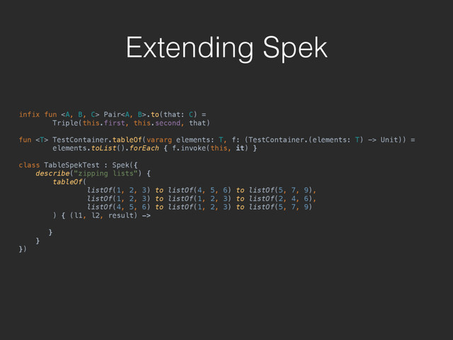 Extending Spek
infix fun <a> Pair</a><a>.to(that: C) = 
Triple(this.first, this.second, that) 
 
fun  TestContainer.tableOf(vararg elements: T, f: (TestContainer.(elements: T) -> Unit)) = 
elements.toList().forEach { f.invoke(this, it) } 
 
class TableSpekTest : Spek({ 
describe("zipping lists") { 
tableOf( 
listOf(1, 2, 3) to listOf(4, 5, 6) to listOf(5, 7, 9), 
listOf(1, 2, 3) to listOf(1, 2, 3) to listOf(2, 4, 6), 
listOf(4, 5, 6) to listOf(1, 2, 3) to listOf(5, 7, 9) 
) { (l1, l2, result) -> 
} 
} 
})
</a>