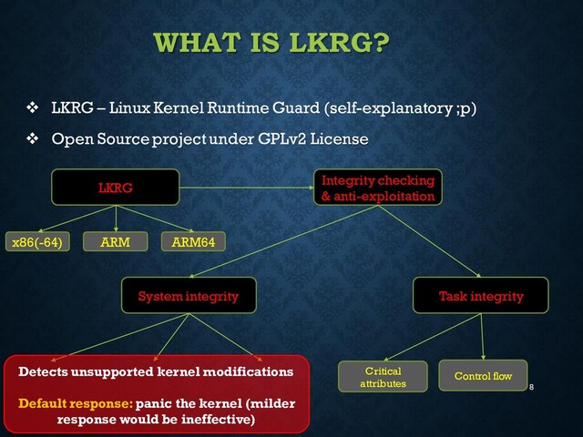 8
WHAT IS LKRG?
❖ LKRG – Linux Kernel Runtime Guard (self-explanatory ;p)
❖ Open Source project under GPLv2 License
LKRG
Integrity checking
& anti-exploitation
System integrity Task integrity
x86(-64) ARM ARM64
Critical
attributes
Control flow
Detects unsupported kernel modifications
Default response:panic the kernel (milder
response would be ineffective)
