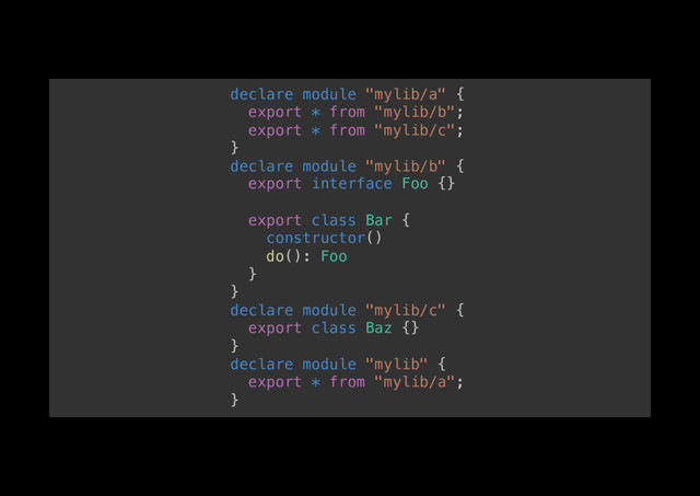 declare module "mylib/a" {!
export * from "mylib/b";!
export * from "mylib/c";!
}!
declare module "mylib/b" {!
export interface Foo {}!
!
export class Bar {!
constructor()!
do(): Foo!
}!
}!
declare module "mylib/c" {!
export class Baz {}!
}!
declare module "mylib" {!
export * from "mylib/a";!
}!
