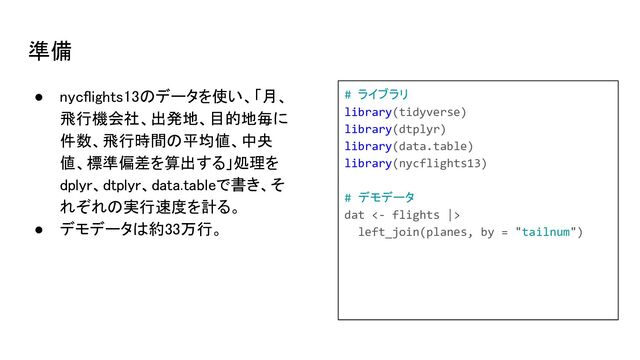 準備
● nycflights13のデータを使い、「月、
飛行機会社、出発地、目的地毎に
件数、飛行時間の平均値、中央
値、標準偏差を算出する」処理を
dplyr、dtplyr、data.tableで書き、そ
れぞれの実行速度を計る。 
● デモデータは約33万行。
# ライブラリ
library(tidyverse)
library(dtplyr)
library(data.table)
library(nycflights13)
# デモデータ
dat <- flights |>
left_join(planes, by = "tailnum")
