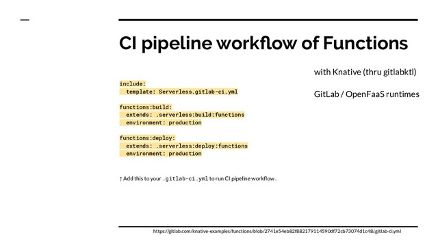 CI pipeline workﬂow of Functions
include:
template: Serverless.gitlab-ci.yml
functions:build:
extends: .serverless:build:functions
environment: production
functions:deploy:
extends: .serverless:deploy:functions
environment: production
↑ Add this to your .gitlab-ci.yml to run CI pipeline workﬂow.
https://gitlab.com/knative-examples/functions/blob/2741e54eb82f882179114590df72cb73074d1c48/.gitlab-ci.yml
with Knative (thru gitlabktl)
GitLab / OpenFaaS runtimes
