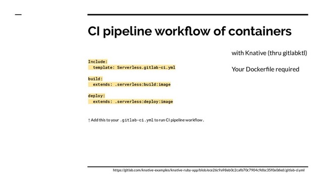 CI pipeline workﬂow of containers
Include:
template: Serverless.gitlab-ci.yml
build:
extends: .serverless:build:image
deploy:
extends: .serverless:deploy:image
↑ Add this to your .gitlab-ci.yml to run CI pipeline workﬂow.
https://gitlab.com/knative-examples/knative-ruby-app/blob/ece26c9a98eb0c2cafb70c7904c9dbc35f0a0ded/.gitlab-ci.yml
with Knative (thru gitlabktl)
Your Dockerﬁle required
