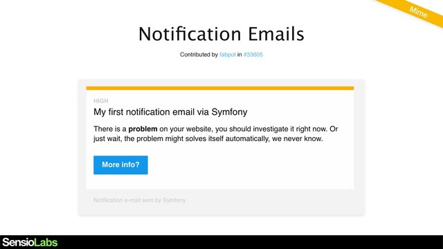Notiﬁcation Emails
Contributed by fabpot in #33605
Mime
