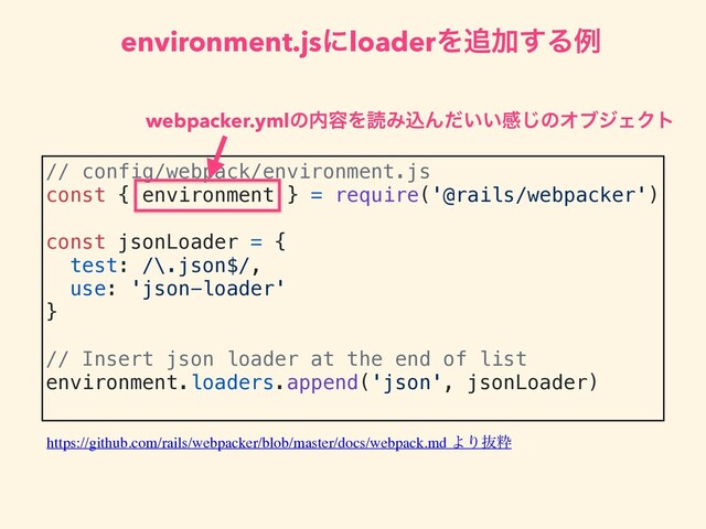 // config/webpack/environment.js
const { environment } = require('@rails/webpacker')
const jsonLoader = {
test: /\.json$/,
use: 'json-loader'
}
// Insert json loader at the end of list
environment.loaders.append('json', jsonLoader)
environment.jsʹloaderΛ௥Ճ͢Δྫ
https://github.com/rails/webpacker/blob/master/docs/webpack.md ΑΓൈਮ
webpacker.ymlͷ಺༰ΛಡΈࠐΜ͍͍ͩײ͡ͷΦϒδΣΫτ
