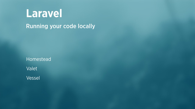 Homestead
Valet
Vessel
Laravel
Running your code locally
