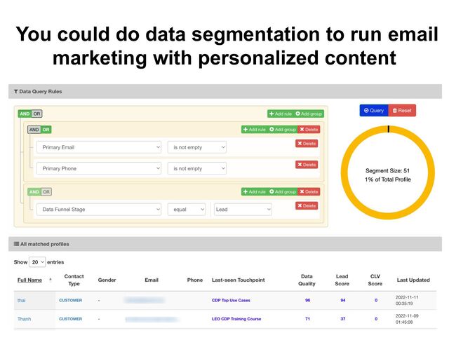 You could do data segmentation to run email
marketing with personalized content
