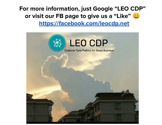 For more information, just Google “LEO CDP”
or visit our FB page to give us a “Like” 😀
https://facebook.com/leocdp.net
