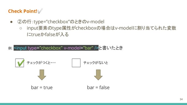 Check Point!✅
● ②の行：type=”checkbox”のときのv-model
○ input要素のtype属性がcheckboxの場合はv-modelに割り当てられた変数
にtrueかfalseが入る
例：と書いたとき
✔ チェックがつくと・・・ チェックがないと
bar = true bar = false
34
