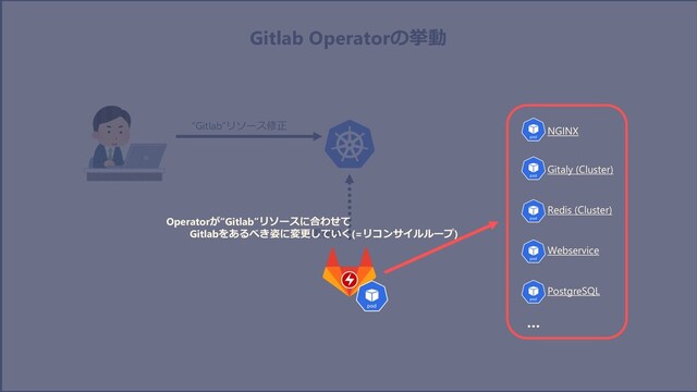 “Gitlab”リソース修正
変更検知
NGINX
Gitaly (Cluster)
Redis (Cluster)
Webservice
PostgreSQL
…
Gitlab Operatorの挙動
Operatorが“Gitlab”リソースに合わせて
Gitlabをあるべき姿に変更していく(=リコンサイルループ)
