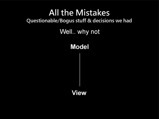 All the Mistakes
Questionable/Bogus stuff & decisions we had
Well.. why not
View
Model

