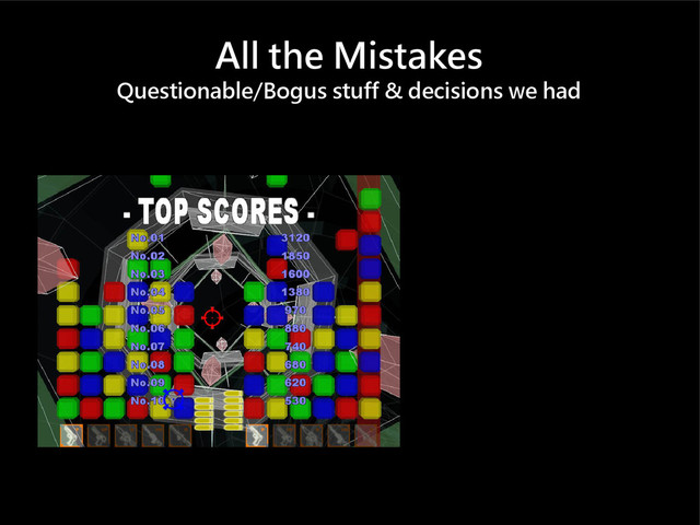 All the Mistakes
Questionable/Bogus stuff & decisions we had
