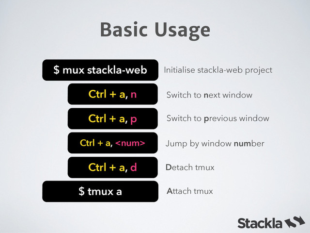 Basic Usage
$ mux stackla-web
Ctrl + a, n
Ctrl + a, p
Ctrl + a, d
Ctrl + a, 
$ tmux a
Initialise stackla-web project
Switch to next window
Switch to previous window
Jump by window number
Detach tmux
Attach tmux
