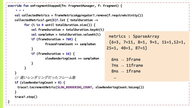 override fun onFragmentStopped(fm: FragmentManager, f: Fragment) {
・・・
val collectedMetrics = frameMetricsAggregator?.remove(f.requireActivity())
collectedMetrics?.get(0)?.let { totalDuration ->
for (i in 0 until totalDuration.size()) {
val frameDuration = totalDuration.keyAt(i)
val sampleNum = totalDuration.valueAt(i)
if (frameDuration > 700) {
frozenFrameCount += sampleNum
}
if (frameDuration > 16) {
slowRenderingCount += sampleNum
}
}
}
// 遅いレンダリングだったフレーム数
if (slowRenderingCount > 0) {
trace?.incrementMetric(SLOW_RENDERING_COUNT, slowRenderingCount.toLong())
}
trace?.stop()
}
metrics : SparseArray
{6=3, 7=11, 8=1, 9=1, 11=1,12=1,
25=1, 40=1, 87=1}
6ms → 3frame
7ms → 11frame
8ms → 1frame
…
