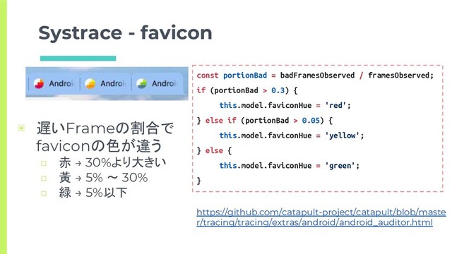 Systrace - favicon
▣ 遅いFrameの割合で
faviconの色が違う
□ 赤 → 30%より大きい
□ 黃 → 5% 〜 30%
□ 緑 → 5%以下
const portionBad = badFramesObserved / framesObserved;
if (portionBad > 0.3) {
this.model.faviconHue = 'red';
} else if (portionBad > 0.05) {
this.model.faviconHue = 'yellow';
} else {
this.model.faviconHue = 'green';
}
https://github.com/catapult-project/catapult/blob/maste
r/tracing/tracing/extras/android/android_auditor.html

