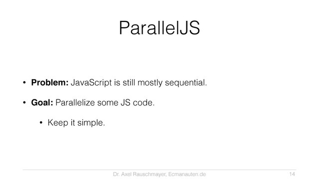 Dr. Axel Rauschmayer, Ecmanauten.de
ParallelJS
• Problem: JavaScript is still mostly sequential.
• Goal: Parallelize some JS code.
• Keep it simple.
14
