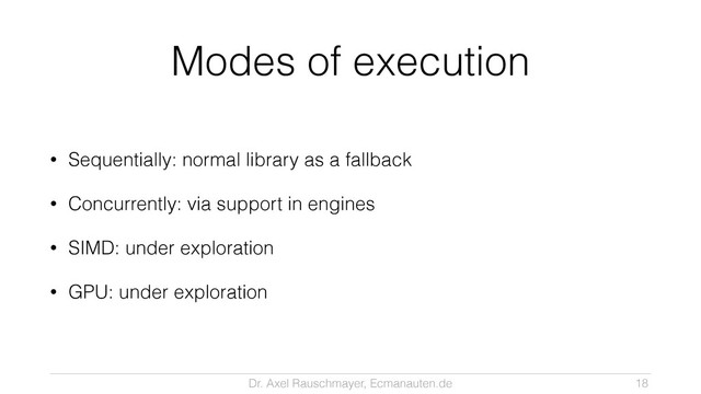 Dr. Axel Rauschmayer, Ecmanauten.de
Modes of execution
• Sequentially: normal library as a fallback
• Concurrently: via support in engines
• SIMD: under exploration
• GPU: under exploration
18
