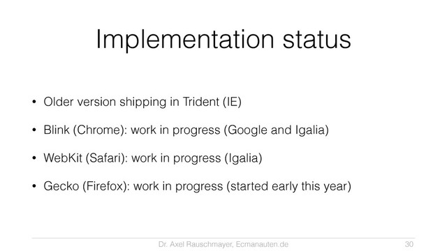 Dr. Axel Rauschmayer, Ecmanauten.de
Implementation status
• Older version shipping in Trident (IE)
• Blink (Chrome): work in progress (Google and Igalia)
• WebKit (Safari): work in progress (Igalia)
• Gecko (Firefox): work in progress (started early this year)
30
