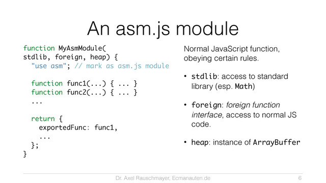 Dr. Axel Rauschmayer, Ecmanauten.de
An asm.js module
function MyAsmModule(
stdlib, foreign, heap) {
"use asm"; // mark as asm.js module
!
function func1(...) { ... }
function func2(...) { ... }
...
!
return {
exportedFunc: func1,
...
};
} 
Normal JavaScript function,
obeying certain rules.
• stdlib: access to standard
library (esp. Math)
• foreign: foreign function
interface, access to normal JS
code.
• heap: instance of ArrayBuffer
6
