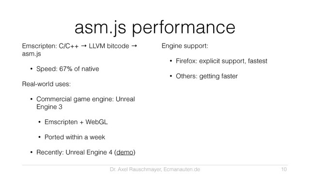 Dr. Axel Rauschmayer, Ecmanauten.de
asm.js performance
Emscripten: C/C++ → LLVM bitcode →
asm.js
• Speed: 67% of native
Real-world uses:
• Commercial game engine: Unreal
Engine 3
• Emscripten + WebGL
• Ported within a week
• Recently: Unreal Engine 4 (demo) 
Engine support:
• Firefox: explicit support, fastest
• Others: getting faster
!
!
!
10

