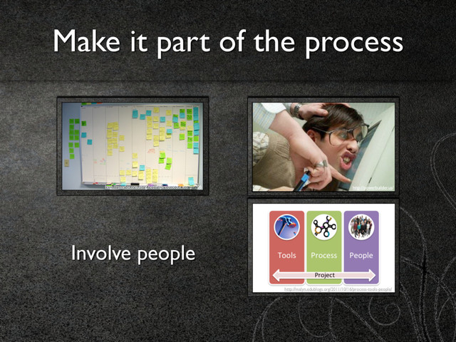 Make it part of the process
http://rosarioconsulting.net/inspiredtoeducate/?p=706 http://powerbuilder.us/
Involve people
http://malyn.edublogs.org/2011/10/16/process-tools-people/
