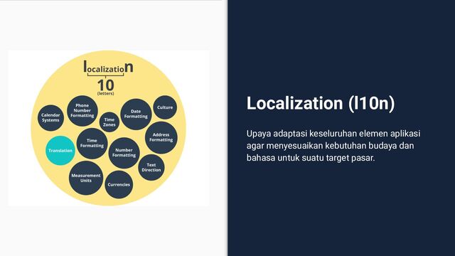 Localization (l10n)
Upaya adaptasi keseluruhan elemen aplikasi
agar menyesuaikan kebutuhan budaya dan
bahasa untuk suatu target pasar.
