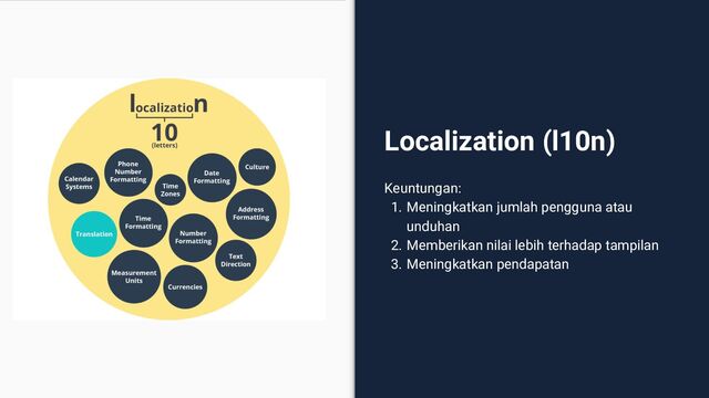 Localization (l10n)
Keuntungan:
1. Meningkatkan jumlah pengguna atau
unduhan
2. Memberikan nilai lebih terhadap tampilan
3. Meningkatkan pendapatan
