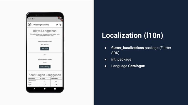 Localization (l10n)
● ﬂutter_localizations package (Flutter
SDK)
● intl package
● Language Catalogue
