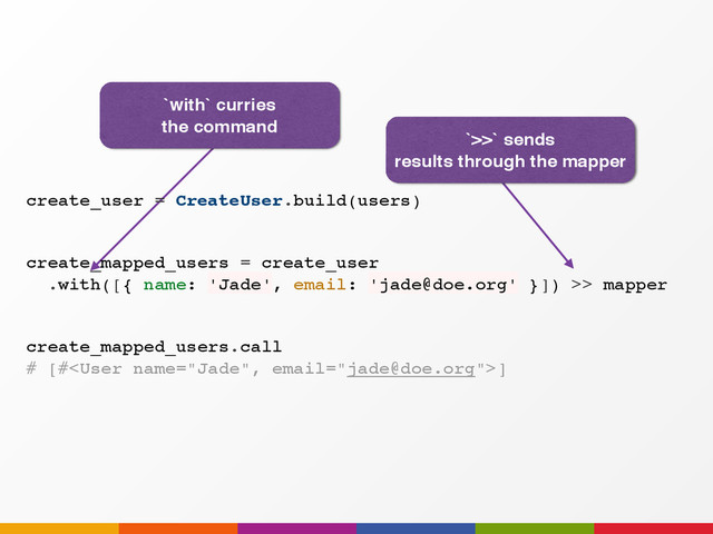 `with` curries
the command
create_mapped_users = create_user
.with([{ name: 'Jade', email: 'jade@doe.org' }]) >> mapper
`>>` sends
results through the mapper
create_user = CreateUser.build(users)
create_mapped_users.call
# [#]
