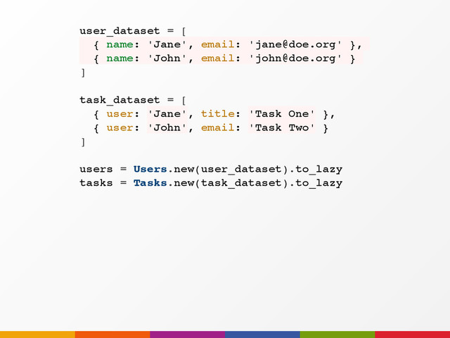 users = Users.new(user_dataset).to_lazy
tasks = Tasks.new(task_dataset).to_lazy
user_dataset = [
{ name: 'Jane', email: 'jane@doe.org' },
{ name: 'John', email: 'john@doe.org' }
]
task_dataset = [
{ user: 'Jane', title: 'Task One' },
{ user: 'John', email: 'Task Two' }
]
