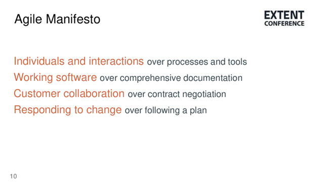 10
Agile Manifesto
Individuals and interactions over processes and tools
Working software over comprehensive documentation
Customer collaboration over contract negotiation
Responding to change over following a plan
