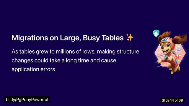 Migrations on Large, Busy Tables
As tables grew to millions of rows, making structure
changes could take a long time and cause
application errors
bit.ly/PgPunyPowerful Slide 14 of 69
