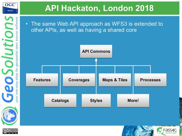 API Hackaton, London 2018
• The same Web API approach as WFS3 is extended to
other APIs, as well as having a shared core
API Commons
Features Coverages Maps & Tiles Processes
Catalogs Styles More!
