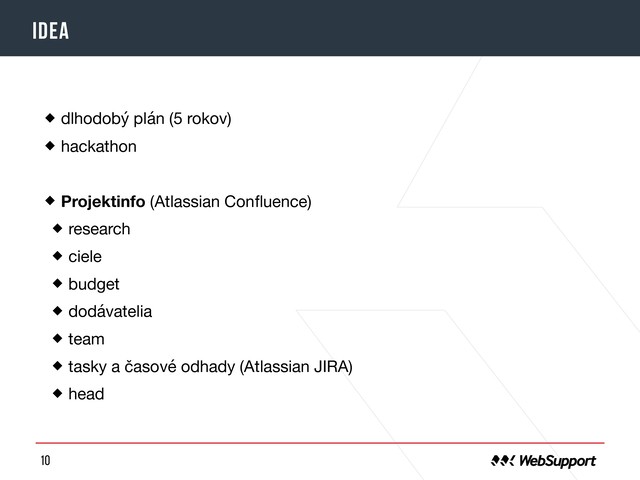 10
IDEA
dlhodobý plán (5 rokov)

hackathon

Projektinfo (Atlassian Conﬂuence)

research

ciele

budget

dodávatelia

team

tasky a časové odhady (Atlassian JIRA)

head
o
