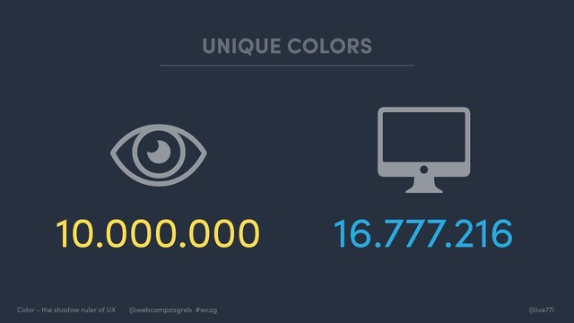 @ive77i
Color - the shadow ruler of UX @webcampzagreb #wczg
10.000.000 16.777.216
UNIQUE COLORS
